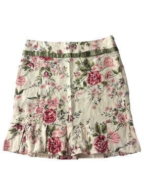 100% Linen Cottagecore Skirt 8 Floral Roses Pleated Hem Pencil Velvet Ribbon